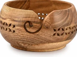 Acacia Wood Yarn Bowl Holder,Hand Carved Yarn Bowls for DIY Knitting Crocheting Accessories (7" x 7" x 4")