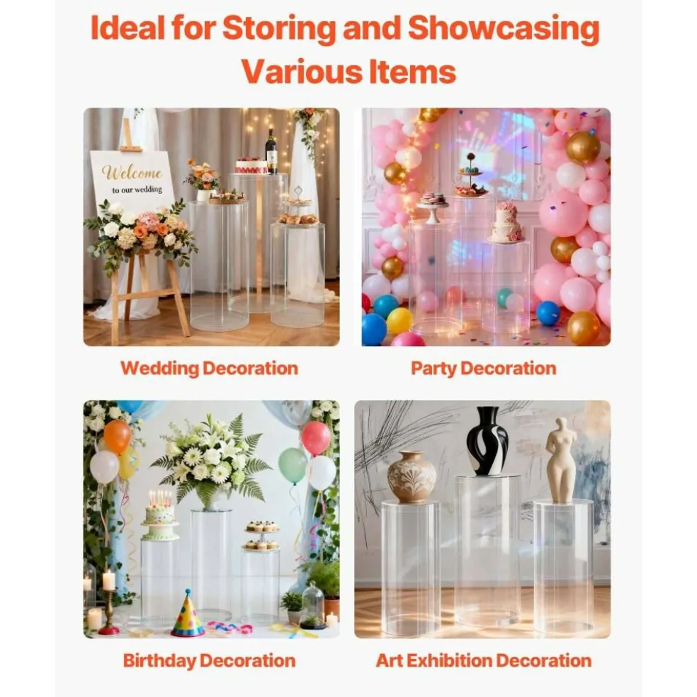 Acrylic 3-Piece Round Cylinder Wedding Flower Pedestal Stands