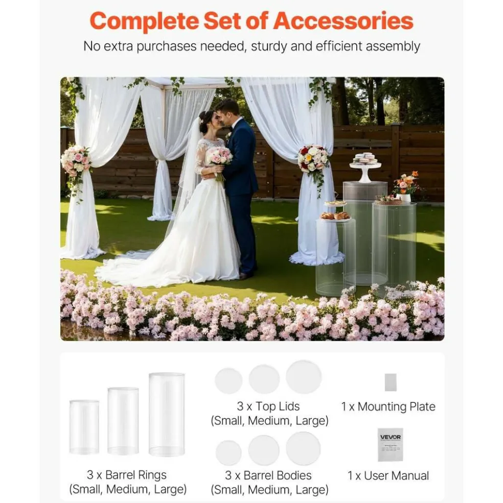 Acrylic 3-Piece Round Cylinder Wedding Flower Pedestal Stands