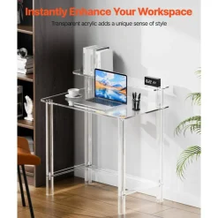 Acrylic Table 2 Tiers Clear Office Desk with Monitor Stand Modern Study Computer Desk