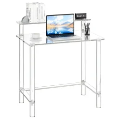 Acrylic Table 2 Tiers Clear Office Desk with Monitor Stand Modern Study Computer Desk