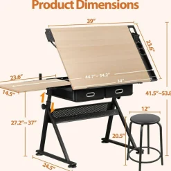 Adjustable Drafting Table with Stool & Power Outlet – Drawing Desk Workstation