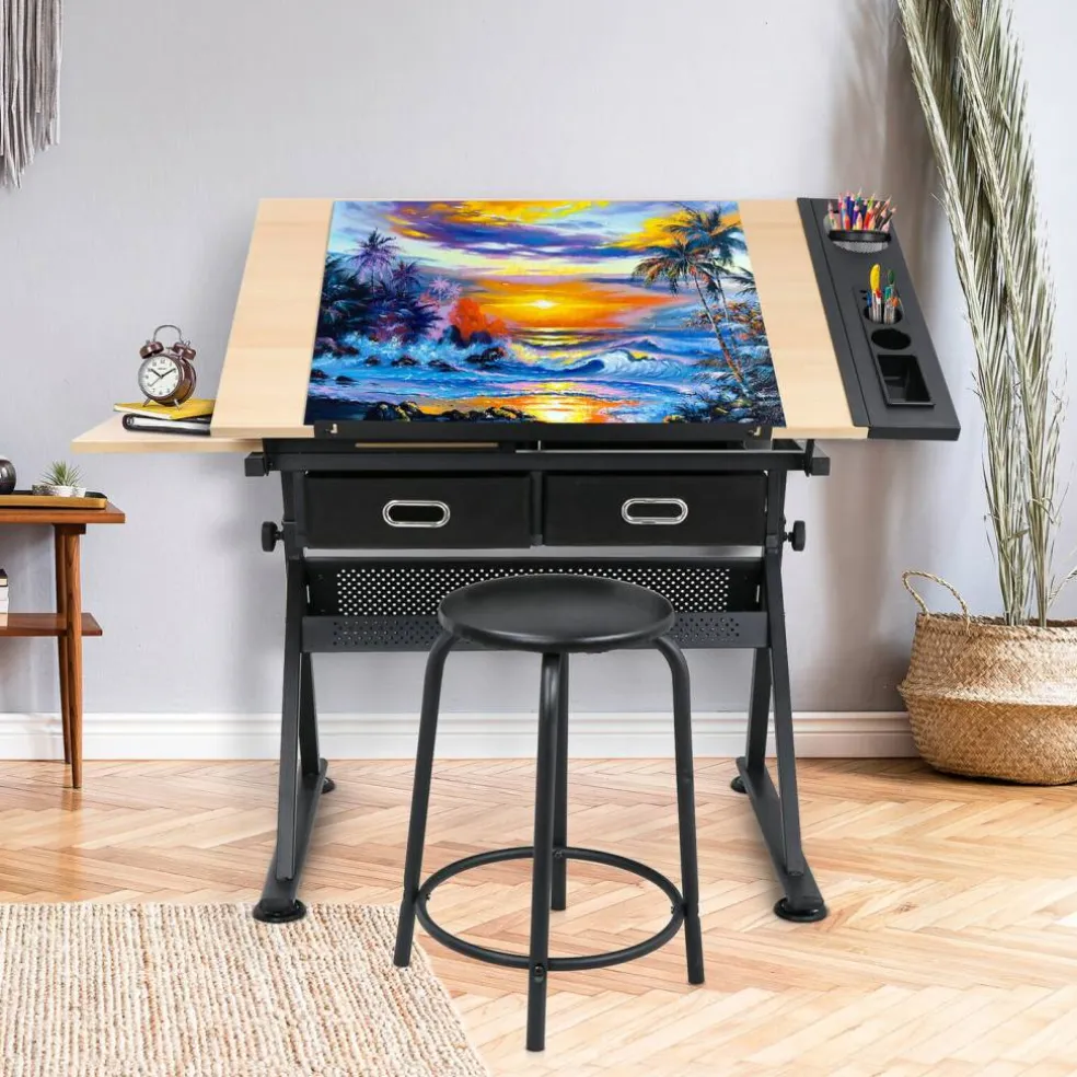Adjustable Drafting Table with Stool – Artist Drawing Desk with Tilted Tabletop