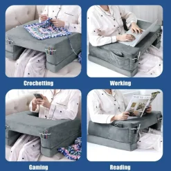 Adjustable Foam Crochet Pillow for Lap Support, Soft Velvet Reading & Gaming Pillow with Side Pocket and Elastic Band, Desk Pillow for Sofa, Bed & Floor, 2 Heights for Adjusting, (Grey)