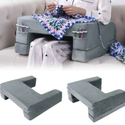 Adjustable Foam Crochet Pillow for Lap Support, Soft Velvet Reading & Gaming Pillow with Side Pocket and Elastic Band, Desk Pillow for Sofa, Bed & Floor, 2 Heights for Adjusting, (Grey)