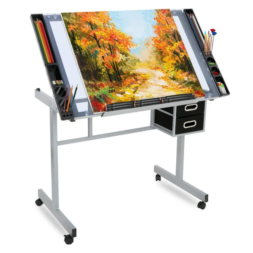Adjustable Glass Drafting Table on Wheels – Drawing Desk with Storage Drawer