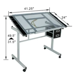 Adjustable Glass Drafting Table on Wheels – Drawing Desk with Storage Drawer