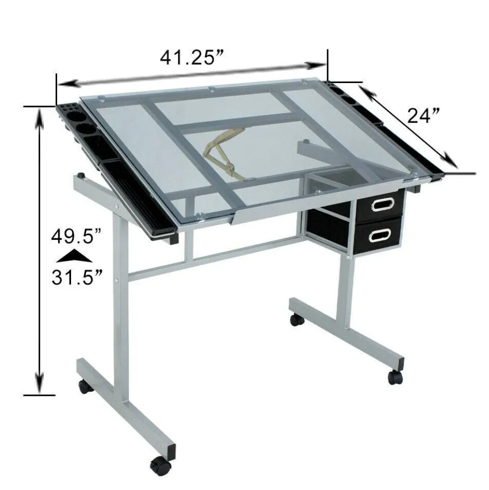 Adjustable Glass Drafting Table on Wheels – Drawing Desk with Storage Drawer
