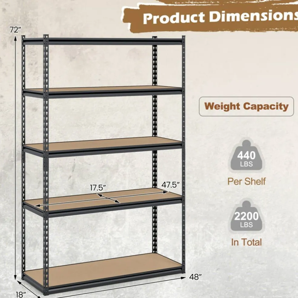 Adjustable Metal Storage Shelves 5 Tier Garage Shelving Unit with MDF Boards Boltless Utility Rack for Warehouse Kitchen and Basement
