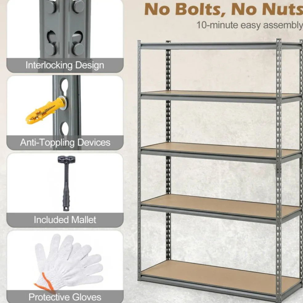 Adjustable Metal Storage Shelves 5 Tier Garage Shelving Unit with MDF Boards Boltless Utility Rack for Warehouse Kitchen and Basement