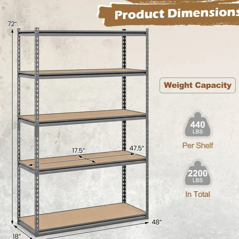 Adjustable Metal Storage Shelves 5 Tier Garage Shelving Unit with MDF Boards Boltless Utility Rack for Warehouse Kitchen and Basement