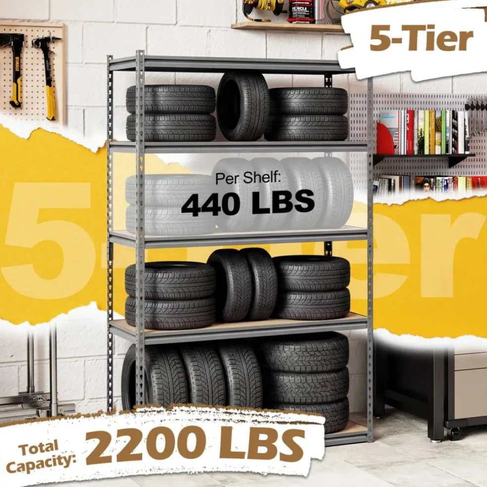 Adjustable Metal Storage Shelves 5 Tier Garage Shelving Unit with MDF Boards Boltless Utility Rack for Warehouse Kitchen and Basement