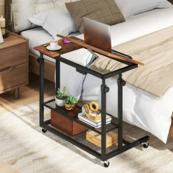 Adjustable Rolling Laptop Desk, 25-35 in Height, Tilting Tabletop, 2 Storage Shelves, 4 Wheels with 2 Brakes, Mobile Stand-Up Computer Desk