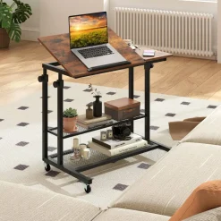 Adjustable Rolling Laptop Desk, 25-35 in Height, Tilting Tabletop, 2 Storage Shelves, 4 Wheels with 2 Brakes, Mobile Stand-Up Computer Desk