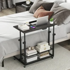 Adjustable Rolling Laptop Desk, 25-35 in Height, Tilting Tabletop, 2 Storage Shelves, 4 Wheels with 2 Brakes, Mobile Stand-Up Computer Desk