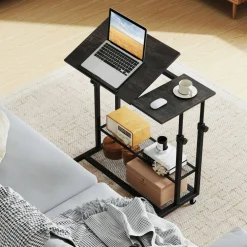 Adjustable Rolling Laptop Desk, 25-35 in Height, Tilting Tabletop, 2 Storage Shelves, 4 Wheels with 2 Brakes, Mobile Stand-Up Computer Desk