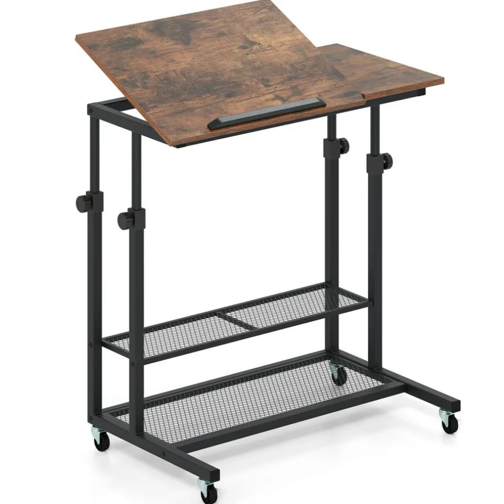 Adjustable Rolling Laptop Desk, 25-35 in Height, Tilting Tabletop, 2 Storage Shelves, 4 Wheels with 2 Brakes, Mobile Stand-Up Computer Desk