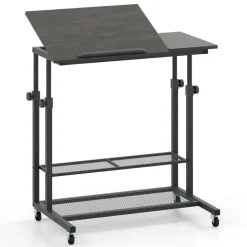 Adjustable Rolling Laptop Desk, 25-35 in Height, Tilting Tabletop, 2 Storage Shelves, 4 Wheels with 2 Brakes, Mobile Stand-Up Computer Desk