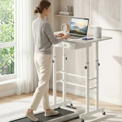 Adjustable Standing Desk, Height Sit Stand Computer Desk with Wheels, Tablet Holder and Fabric Drawer for Home Office, Bedroom and Classroom