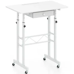 Adjustable Standing Desk, Height Sit Stand Computer Desk with Wheels, Tablet Holder and Fabric Drawer for Home Office, Bedroom and Classroom