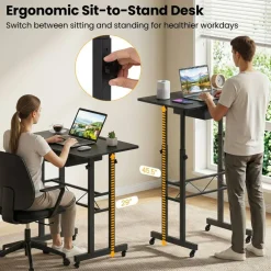 Adjustable Standing Desk, Height Sit Stand Computer Desk with Wheels, Tablet Holder and Fabric Drawer for Home Office, Bedroom and Classroom