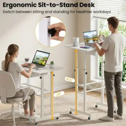 Adjustable Standing Desk, Height Sit Stand Computer Desk with Wheels, Tablet Holder and Fabric Drawer for Home Office, Bedroom and Classroom