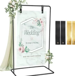 Adjustable Wedding Sign Holder Stand 68 x 31 x 20 Inch Heavy Duty Black Welcome Sign Stand with Leather Hanging Straps Metal Easel for Seating Charts Bridal Shower Baby Shower Event Displays