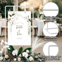 Adjustable White Wedding Sign Holder Heavy Duty Metal Easel Stand with Leather Hanging Straps Design Bundle Welcome Sign Stand for Wedding Seating Chart Bridal Shower Party Display