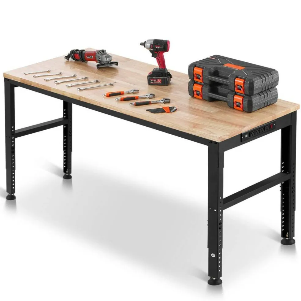 Adjustable Workbench Steel Oak Garage Workshop Table