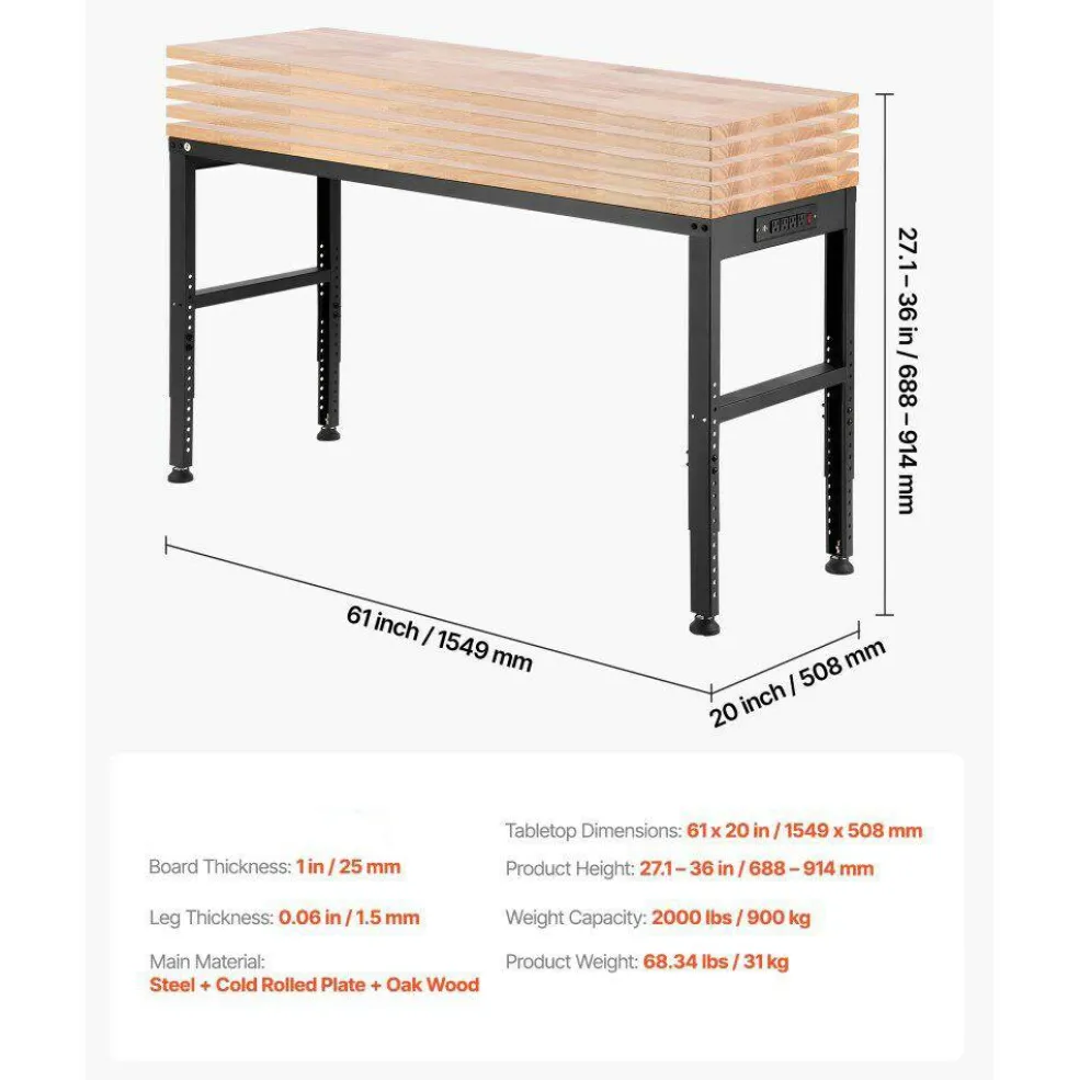 Adjustable Workbench Steel Oak Garage Workshop Table