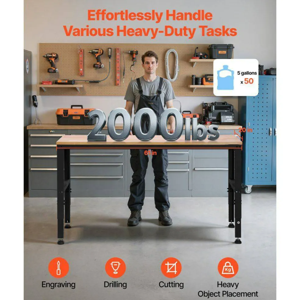 Adjustable Workbench Steel Oak Garage Workshop Table