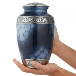 Adult Cremation Urn for Human Ashes - Blue and Silver with Velvet Bag
