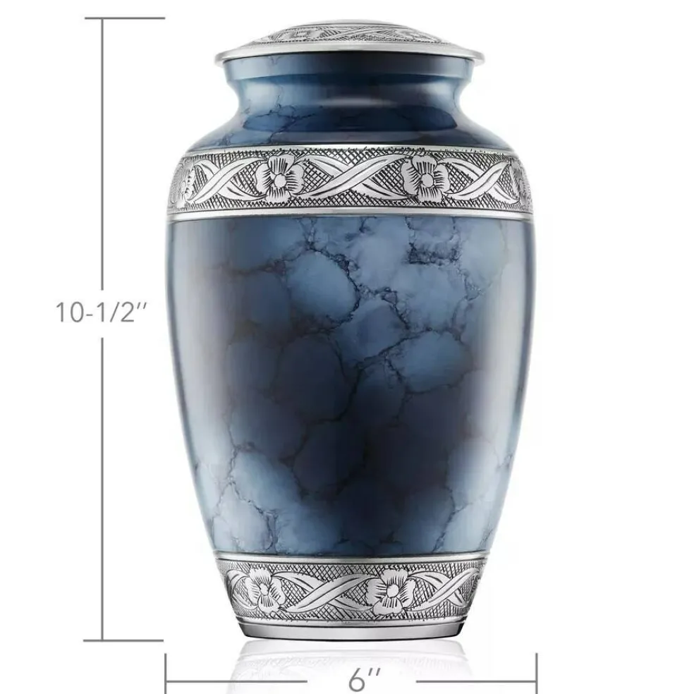 Adult Cremation Urn for Human Ashes - Blue and Silver with Velvet Bag