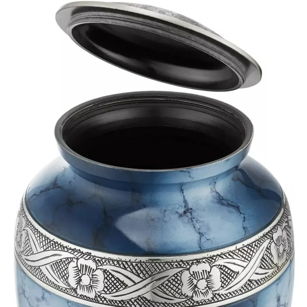 Adult Cremation Urn for Human Ashes - Blue and Silver with Velvet Bag