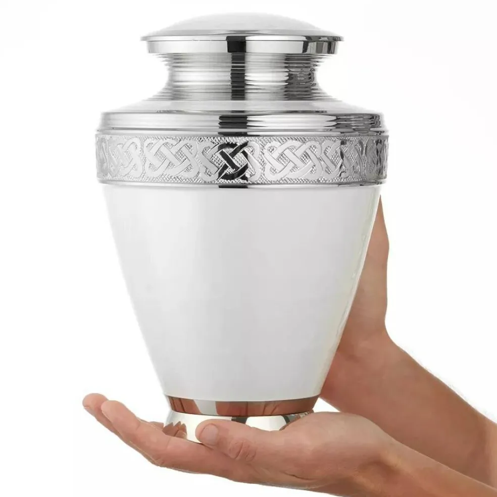 Adult Cremation Urn for Human Ashes - White and Silver with Velvet Bag