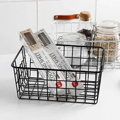 Aeggplant Kitchen Wire Baskets Farmhouse Decor Metal Food Storage Organizer, Household Refrigerator Bin with Built-in Handles for Cabinets,Pantry Set of 2 Black
