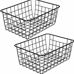 Aeggplant Kitchen Wire Baskets Farmhouse Decor Metal Food Storage Organizer, Household Refrigerator Bin with Built-in Handles for Cabinets,Pantry Set of 2 Black