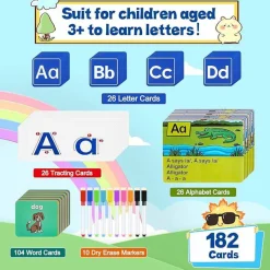 Alphabet Learning Pocket Chart with ABC Flash Cards, Letter Tracing & Handwriting Practice Board, Preschool & Kindergarten Classroom Wall Chart for Homeschool Learning Activities
