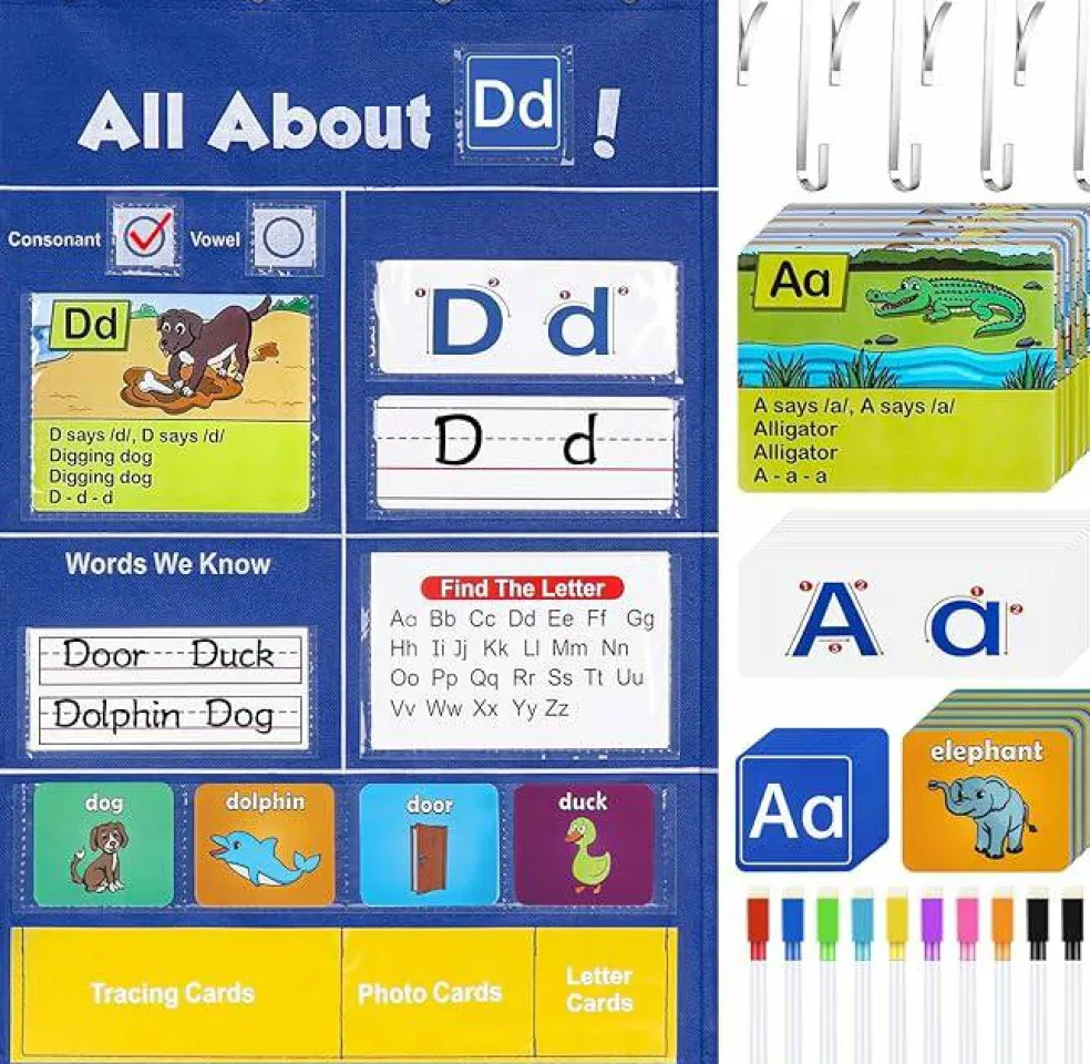 Alphabet Learning Pocket Chart with ABC Flash Cards, Letter Tracing & Handwriting Practice Board, Preschool & Kindergarten Classroom Wall Chart for Homeschool Learning Activities