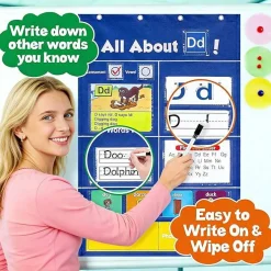 Alphabet Learning Pocket Chart with ABC Flash Cards, Letter Tracing & Handwriting Practice Board, Preschool & Kindergarten Classroom Wall Chart for Homeschool Learning Activities