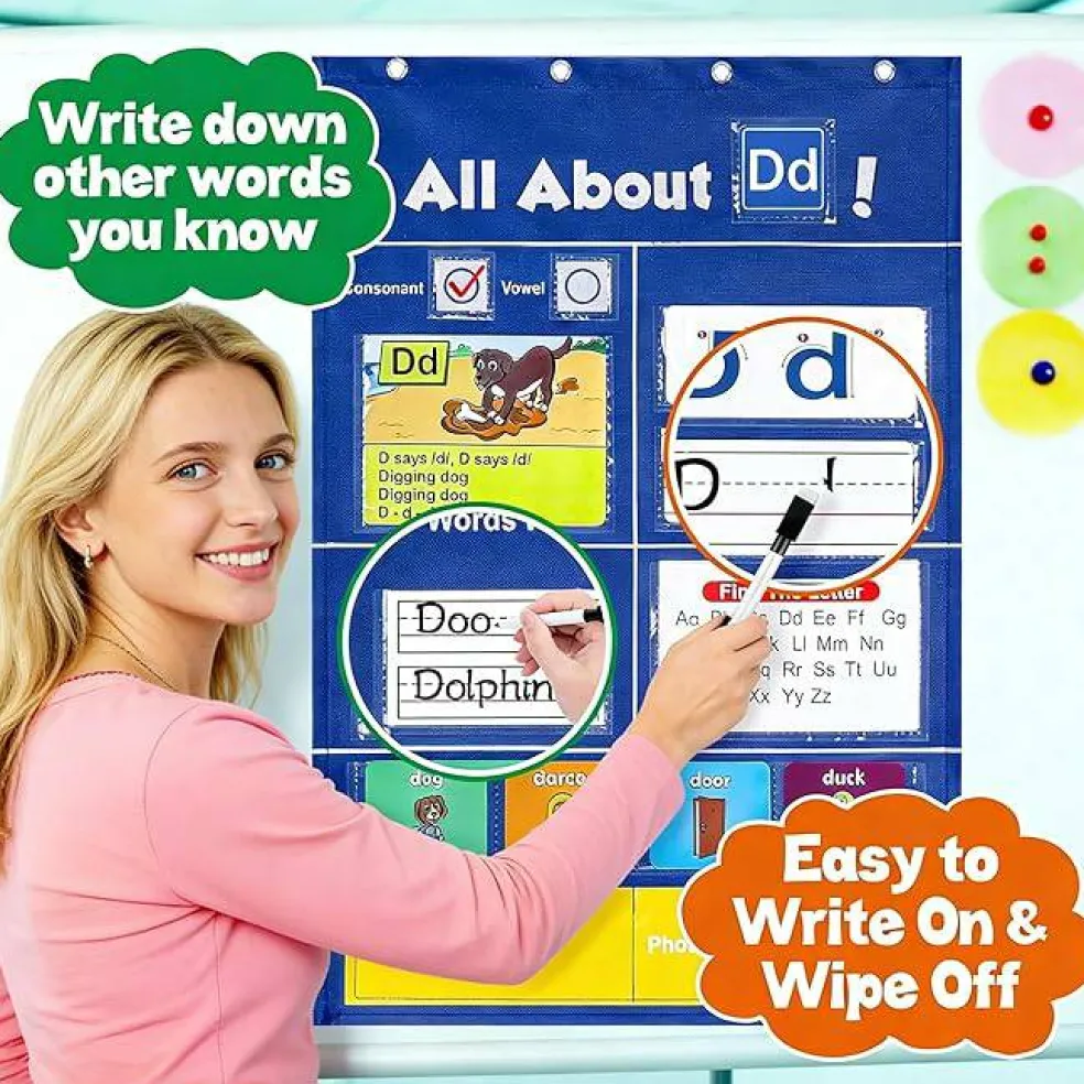 Alphabet Learning Pocket Chart with ABC Flash Cards, Letter Tracing & Handwriting Practice Board, Preschool & Kindergarten Classroom Wall Chart for Homeschool Learning Activities