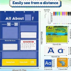 Alphabet Learning Pocket Chart with ABC Flash Cards, Letter Tracing & Handwriting Practice Board, Preschool & Kindergarten Classroom Wall Chart for Homeschool Learning Activities
