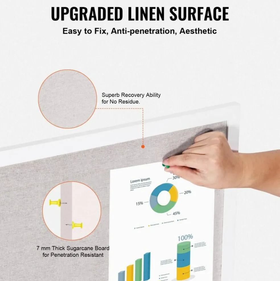 Aluminum Frame Cork Bulletin Board with Linen Surface, Wall Mounted Memo Board, Vertical Horizontal Display Organizer