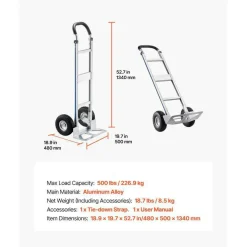 Aluminum Hand Truck Dolly 500lb Capacity 10in Wheels Heavy Duty Silver
