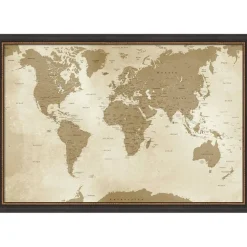 Amanti Art Framed Fabric Pinboard Antique Style World Map Printed Bulletin Board for Use as a Vision Board or Wall Organization