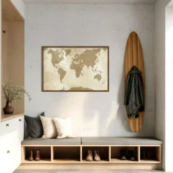 Amanti Art Framed Fabric Pinboard Antique Style World Map Printed Bulletin Board for Use as a Vision Board or Wall Organization