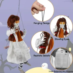 Animatronic Halloween Ghost Girl Decoration, Motion Activated Hanging Swing Girl with Creepy Sounds, Touch and Sound Activated Scary Ghost Prop with Moving Legs for Indoor Outdoor Yard, Porch, Tree, Garden and Haunted House Decor