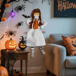 Animatronic Halloween Ghost Girl Decoration, Motion Activated Hanging Swing Girl with Creepy Sounds, Touch and Sound Activated Scary Ghost Prop with Moving Legs for Indoor Outdoor Yard, Porch, Tree, Garden and Haunted House Decor