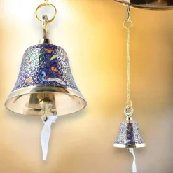 Antique Brass Hanging Bells with Chain for Temple Pooja Room Mandir Decor Peacock Print Small Hanging Bell - 4.75x4 inch Puja Ghanti for Housewarming Gift (Chain Length With Hook 12 Inches)