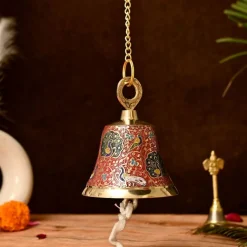 Antique Brass Hanging Bells with Chain for Temple Pooja Room Mandir Decor Peacock Print Small Hanging Bell - 4.75x4 inch Puja Ghanti for Housewarming Gift (Chain Length With Hook 12 Inches)